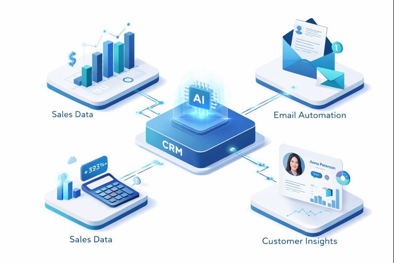AI CRM Ecosystem visualization - connecting sales data and insights