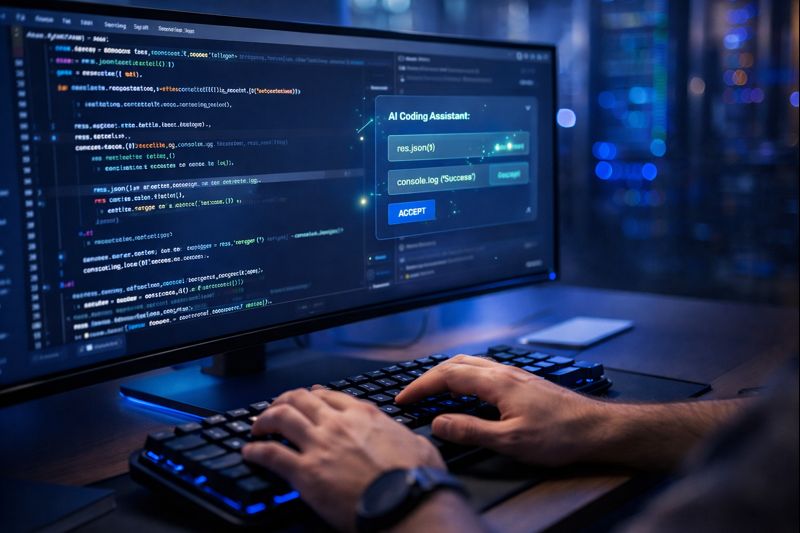 AI Coding Assistant Workflow - Developer working alongside AI coding tools