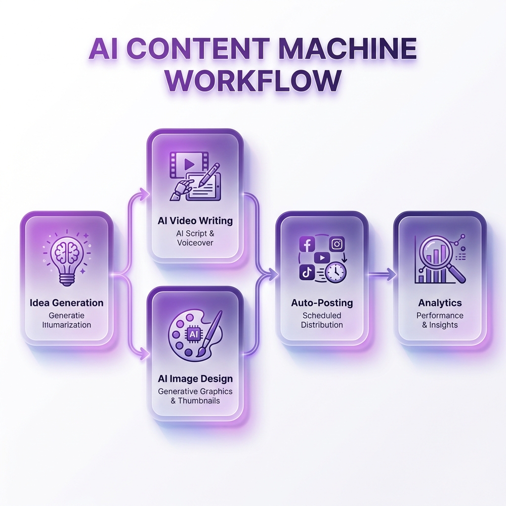 A professional infographic showing the AI Content Machine workflow from idea generation to analytics
