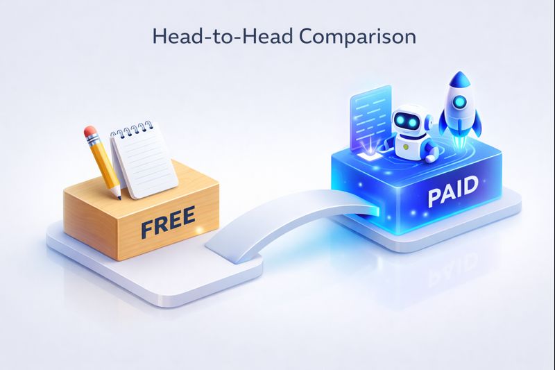 Chart comparing features of free vs paid AI writing software like Jasper, ChatGPT and Copy.ai