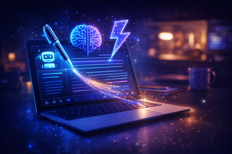 Best AI <a href="/categories/writing" class="text-blue-600 hover:text-blue-800 underline" title="Writing & Copywriting">Writing</a> Tools 2026 Comparison showing robot arm writing on laptop with holographic icons of popular AI apps